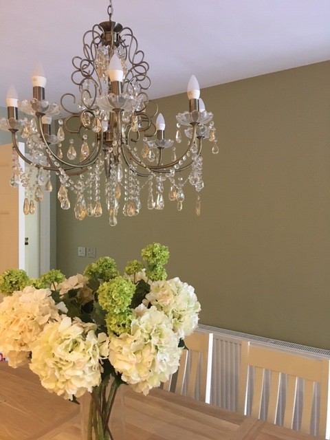 Olive-green dining room with chandelier